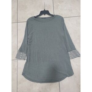 Pink Clover  green Tunic Top Gray Striped Cuff 3/4 Sleeve Casual Comfort